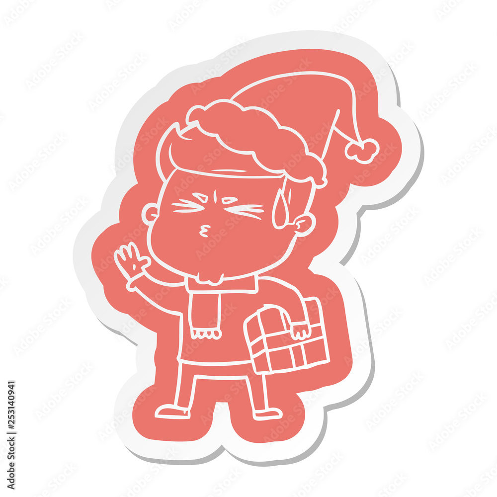 cartoon sticker of a man sweating wearing santa hat cartoon sticker of a man sweating wearing santa hat