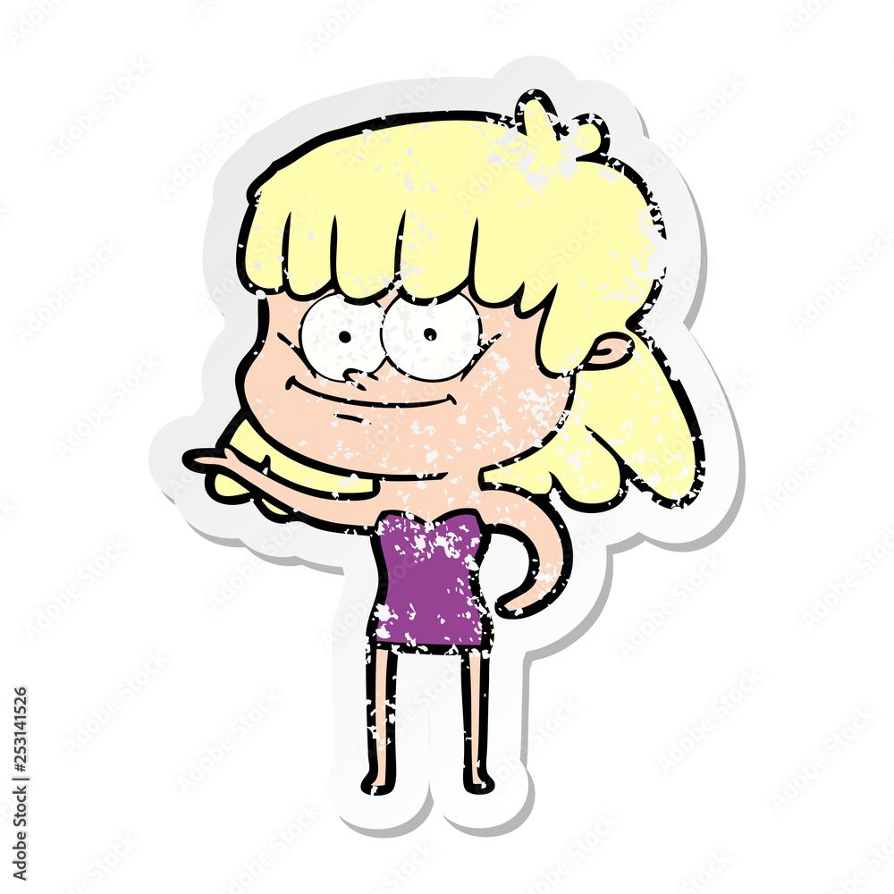 distressed sticker of a cartoon smiling woman