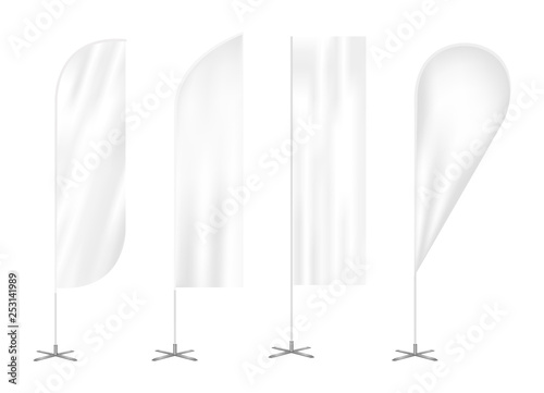 Vector set of four outdoor vertical feather advertising promo flags. Waving wind blade, teardrop and straight banners. Realistic blank template or mock up of bow flags isolated on a white background.