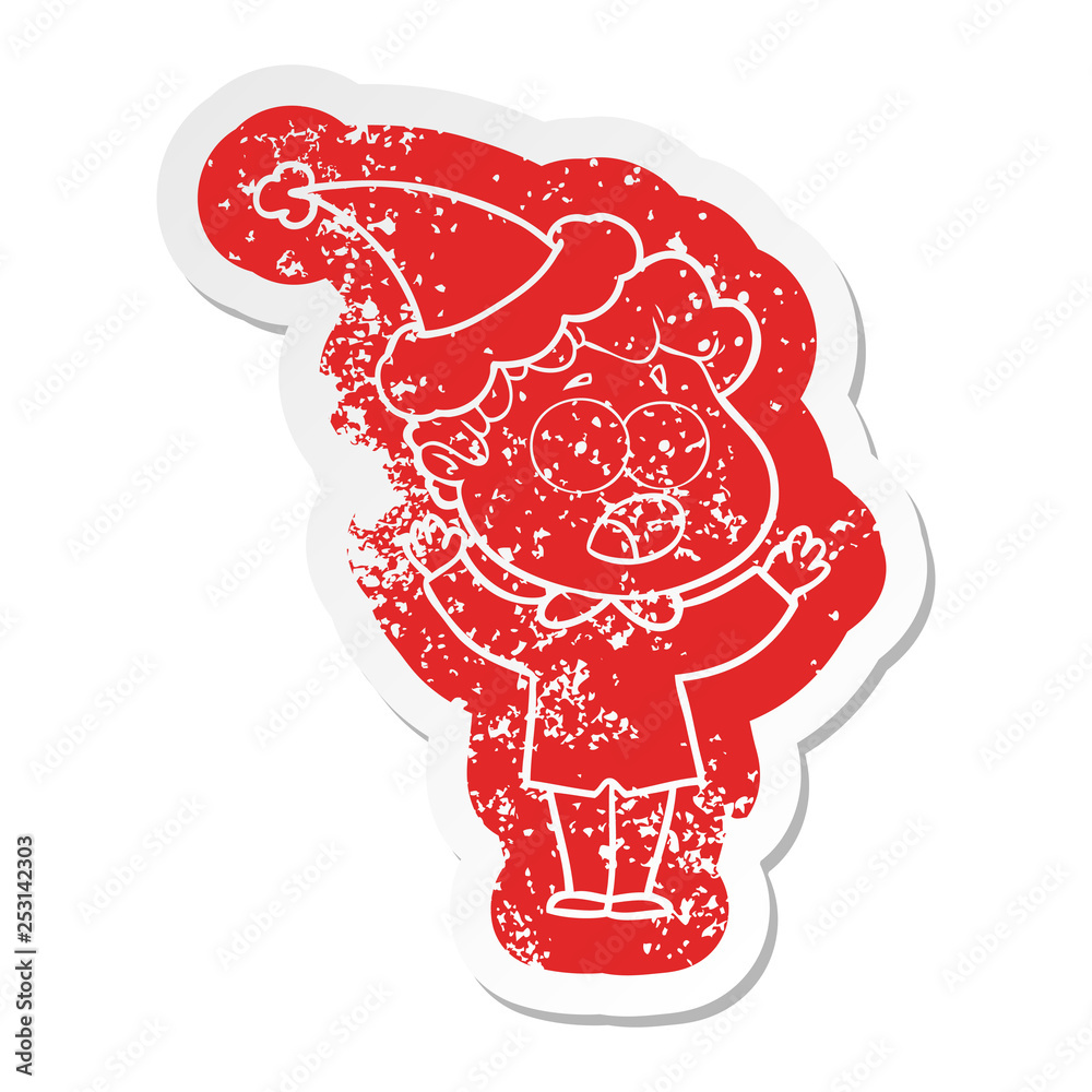 cartoon distressed sticker of a man gasping in surprise wearing santa hat cartoon distressed sticker of a man gasping in surprise wearing santa hat