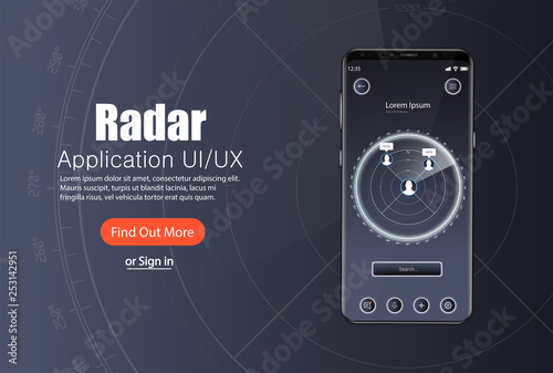Mobile app, Radar screen template with modern design. Applications for finding people nearby (dating, sharing, sales, hobbies, bluetooth, wi-fi). Radar UI, UX, KIT  application template 