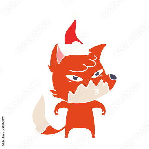clever flat color illustration of a fox wearing santa hat