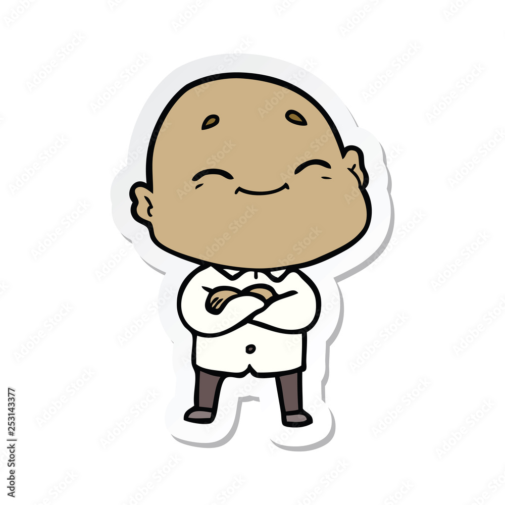 sticker of a cartoon happy bald man
