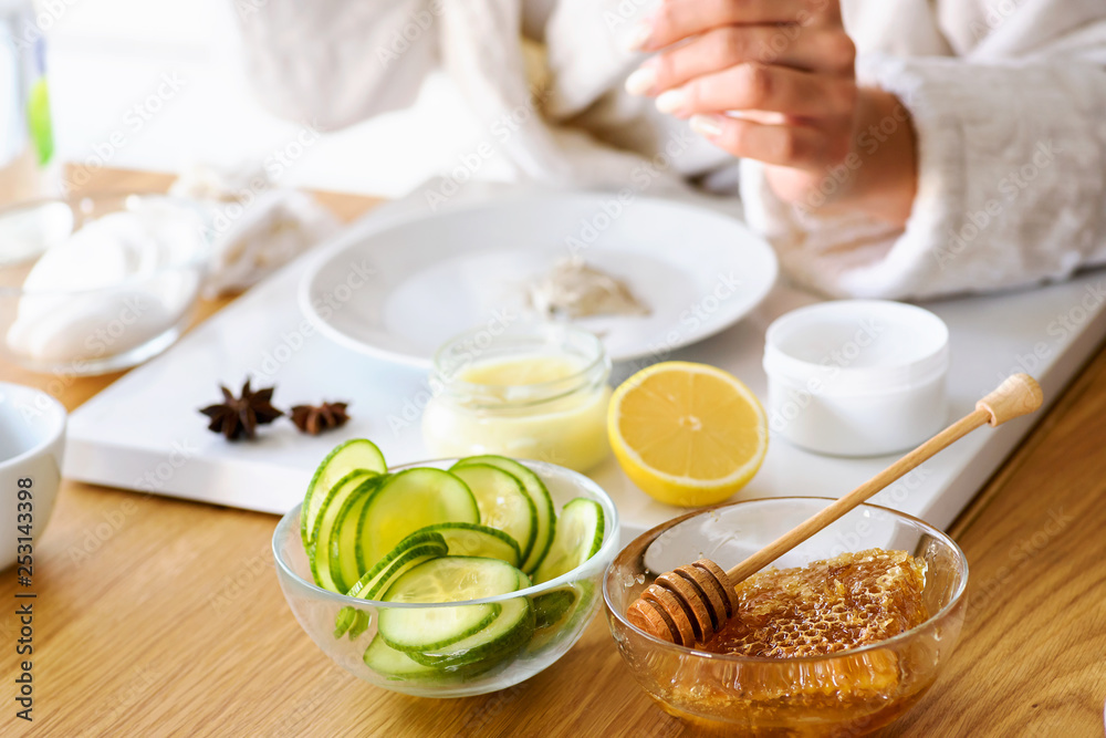 Woman at home having skin care routine. Concept of natural cosmetics skin care. Woman at home having skin care routine. Concept of natural cosmetics skin care.