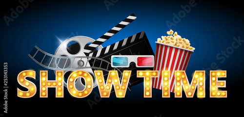 Cinema concept, showtime banner, poster design with popcorn, 3d glasses, film tape, clapperboard, vector illustration.