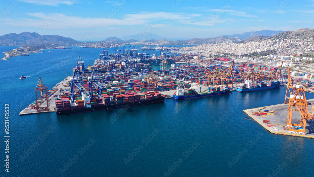 Aerial drone photo of industrial container terminal in commercial port of Piraeus, Drapetsona, Attica, Greece