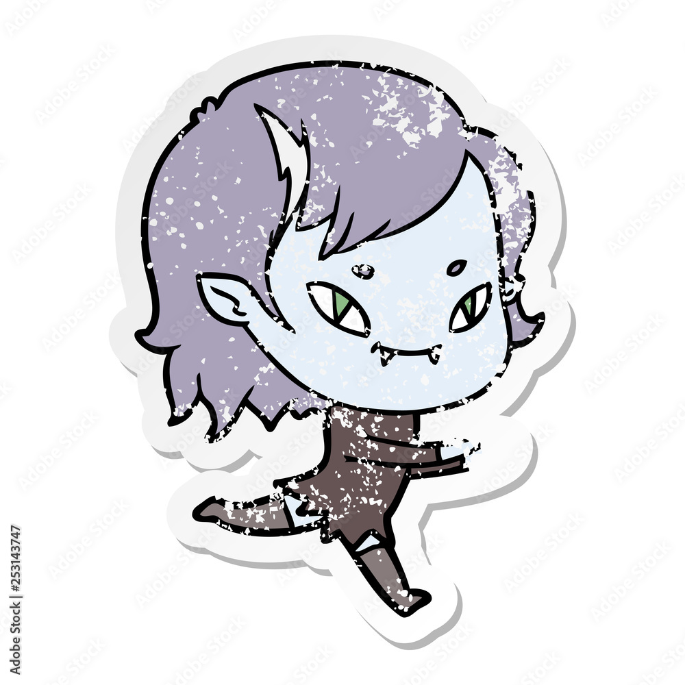 distressed sticker of a cartoon friendly vampire girl running distressed sticker of a cartoon friendly vampire girl running