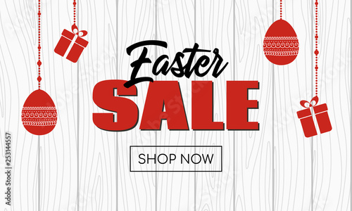 Easter sale. Shop now. Vector banner on wooden background
