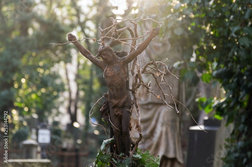 Beautiful rusty Jesus Christ crucifixion statue during sunset with common ivy, hedera helix, Olsany cemetery, Prague, Czech Republic, shallow depth of field, copy space, sunny day © josefkubes