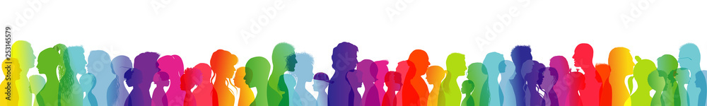 Crowd talking. Dialogue between people of different ages and ethnic groups. Rainbow colored profile silhouette. Many different people talking. Diversity between people. Multiple exposure