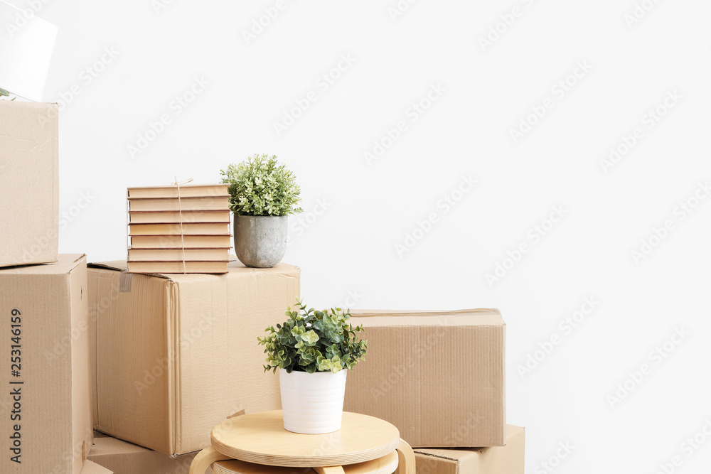 Cardboard boxes of things are stacked on the floor against a white wall. Books and table lamps and green plants in pots. The concept of moving to a new home.