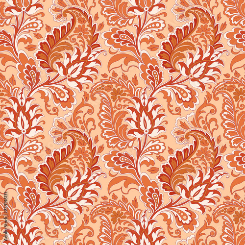 Paisley vector seamless pattern. Fantastic flower, leaves. Textile bohemian print. Batik painting. Vintage