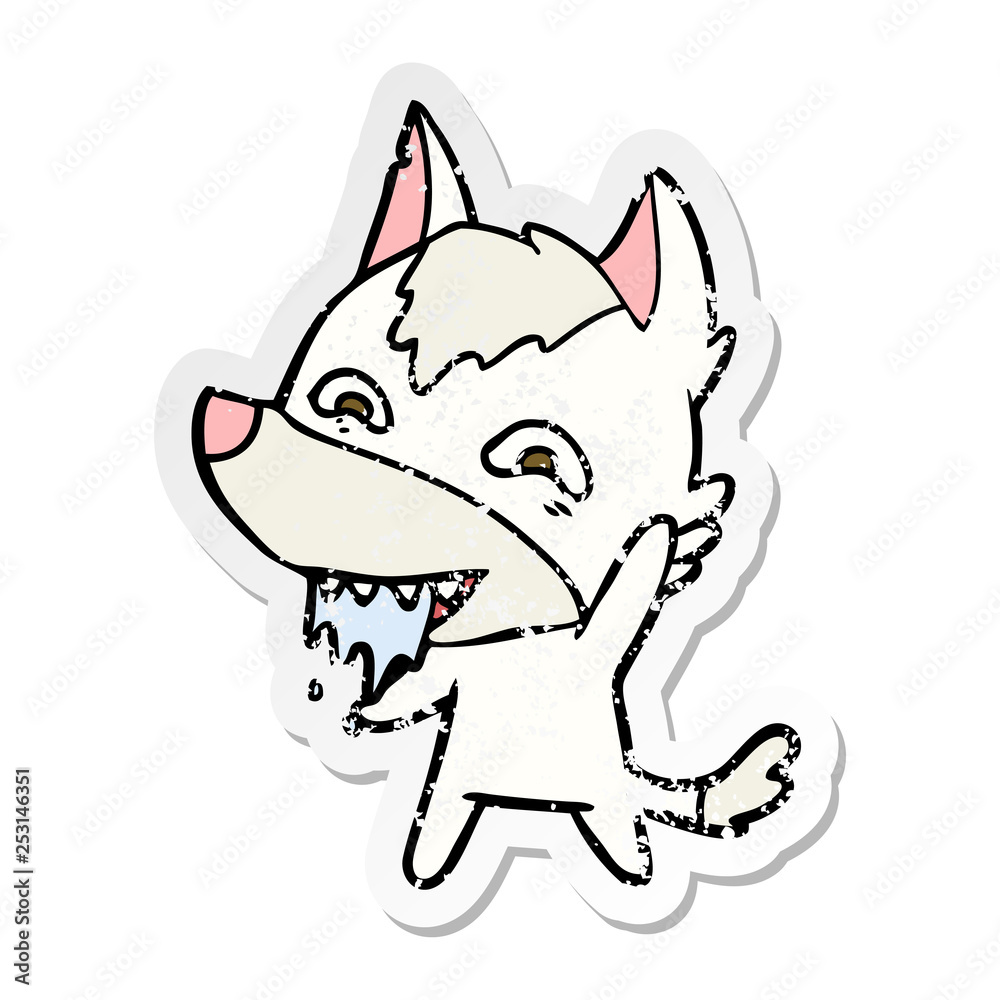 distressed sticker of a cartoon hungry wolf distressed sticker of a cartoon hungry wolf