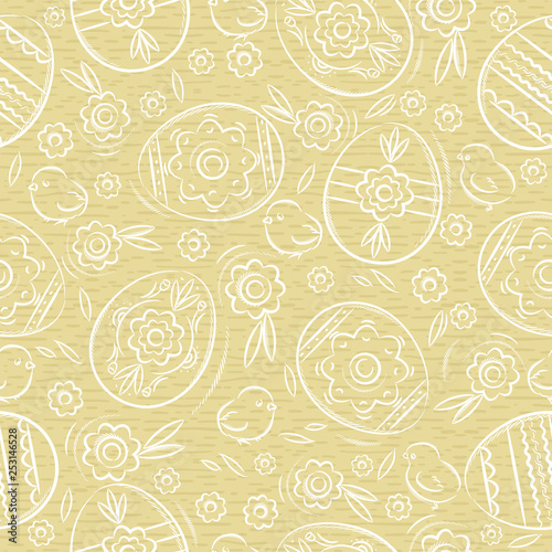 Easter eggs  flowers  leafs  chick. Beige Seamless pattern. Easter design. Can be used for   fabric  wallpaper  pattern fills  web page background  greeting card  scrap booking  vector illustration.