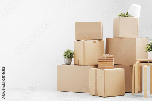 Moving to a new home. Belongings in cardboard boxes, books and green plants in pots stand on the gray floor against the background of a white wall.