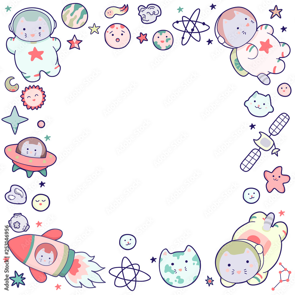 Cute space frame, with Japanese kawaii cat travels in space and a set of cosmic elements. Cute space frame, with Japanese kawaii cat travels in space and a set of cosmic elements.