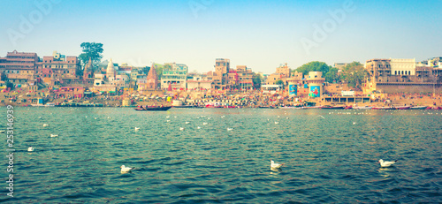 View of Varanasi Ghats from Ganges. Varanasi, Uttar Pradesh, India
