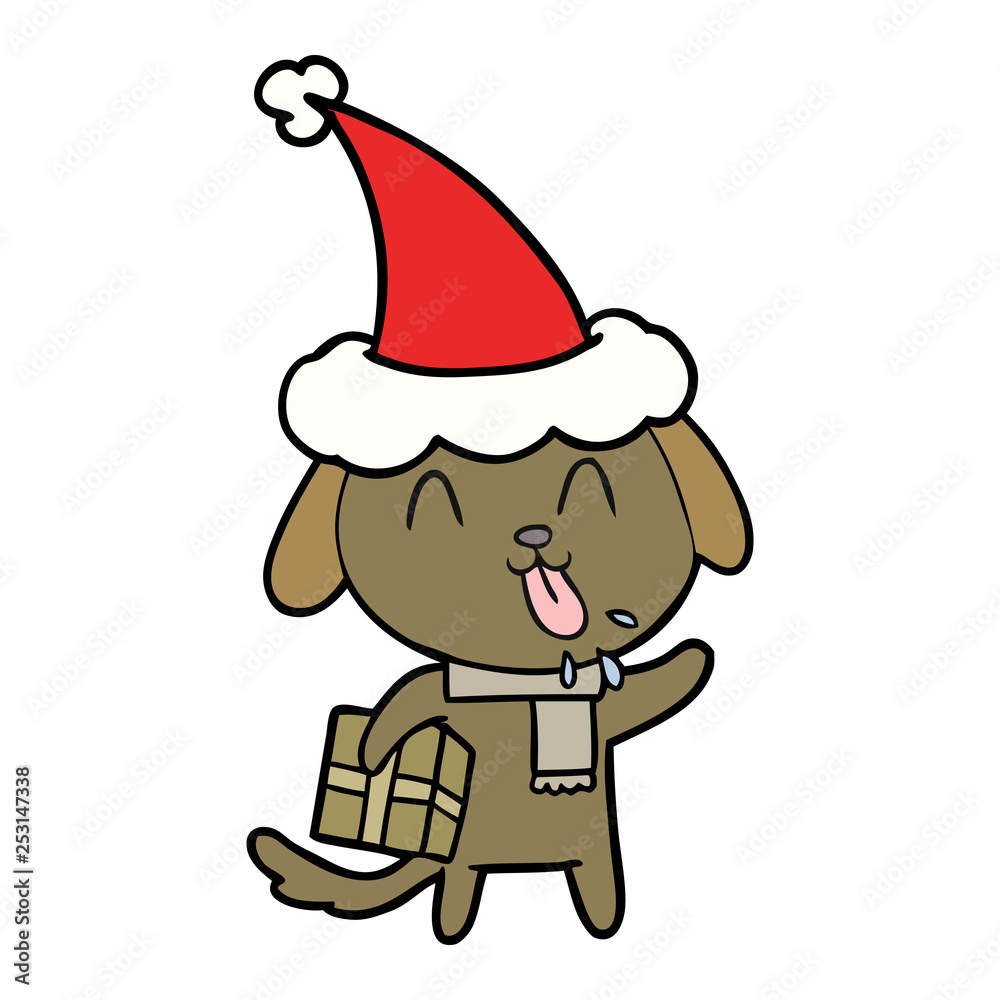 cute line drawing of a dog with christmas present wearing santa hat cute line drawing of a dog with christmas present wearing santa hat