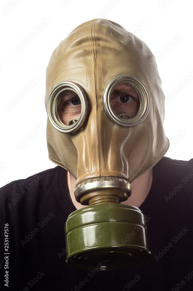 A man in a gas mask GP-5. Man in black t-shirt and gas mask close up.  Isolated on white background Stock Photo | Adobe Stock