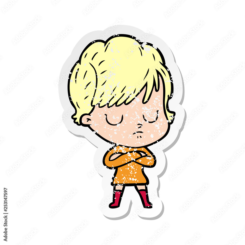 distressed sticker of a cartoon woman distressed sticker of a cartoon woman