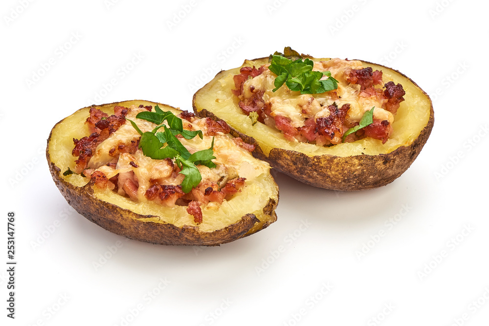 Stuffed baked potatoes with bacon and cheese, close-up, isolated on white background Stuffed baked potatoes with bacon and cheese, close-up, isolated on white background
