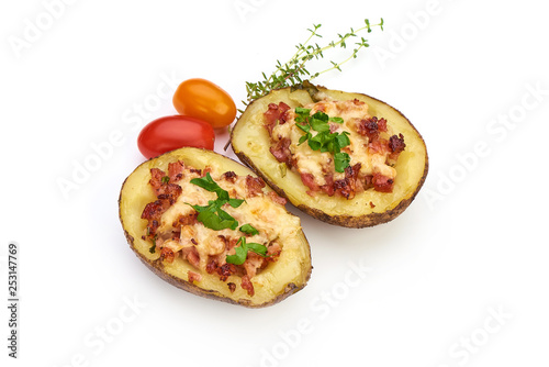 Baked potatoes stuffed with cheese and bacon  Homemade food  top view  isolated on white background