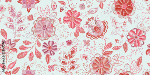 Embroidery seamless pattern with beautiful flowers. Vector handmade floral ornament. Embroidery for fashion products. Elegant tiled design, best for print fabric or papper and more.