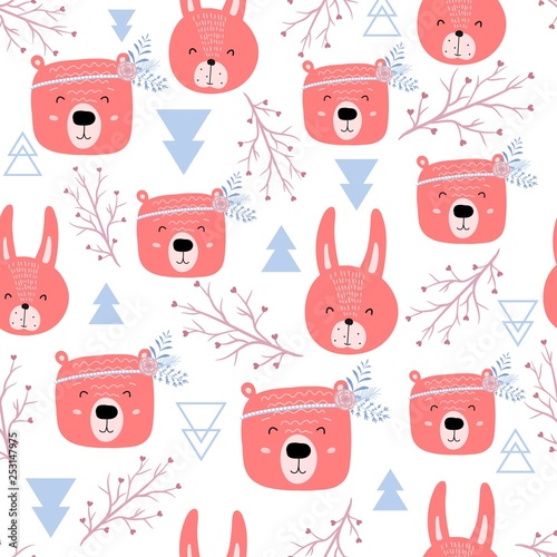 Seamless pattern with cute bears and rabbits - boho. Scandinavian style texture for fabric, wrapping, textile, apparel. Vector illustration