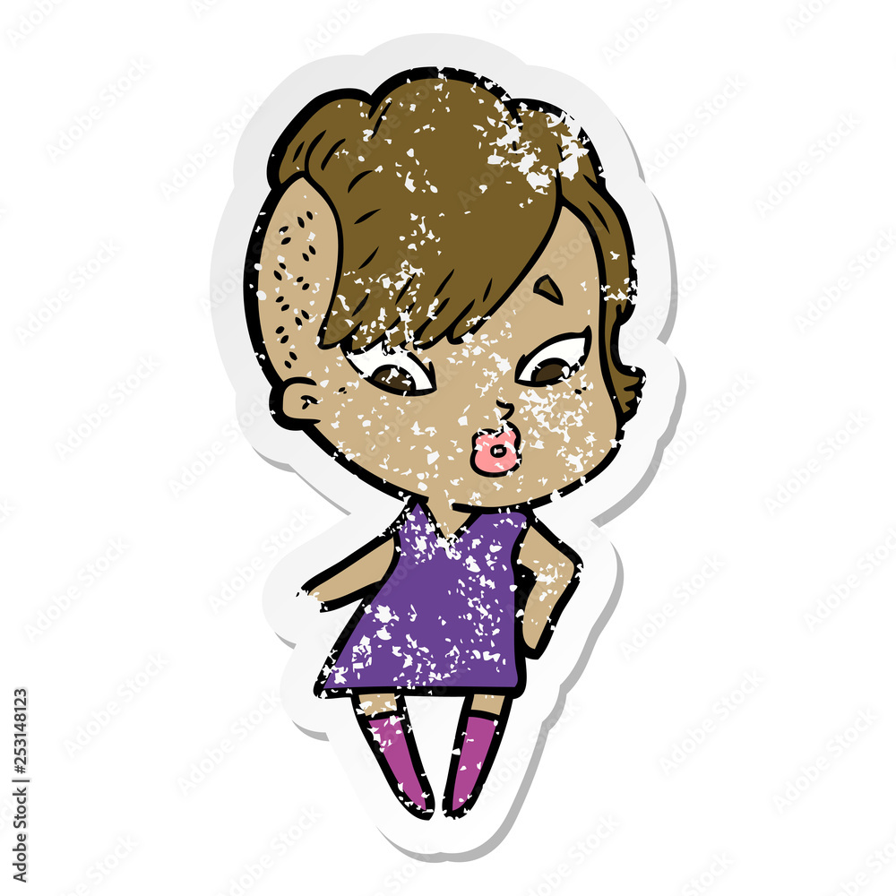 distressed sticker of a cartoon surprised girl distressed sticker of a cartoon surprised girl