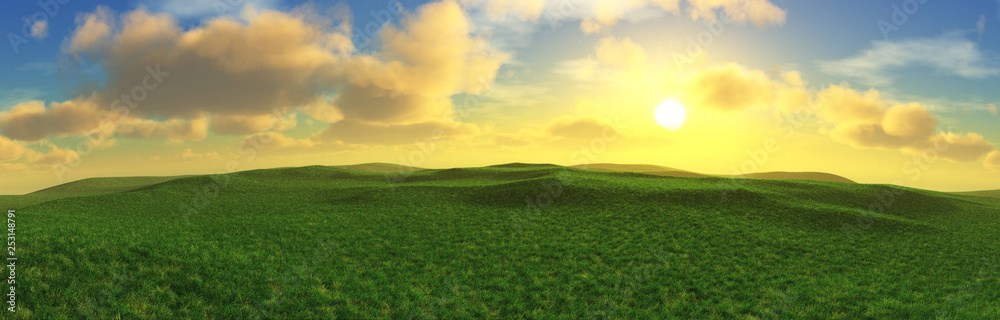 Green hills, hilly plain covered with green grass at sunset, green grass under the sun in the clouds