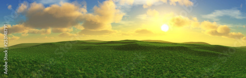Green hills, hilly plain covered with green grass at sunset, green grass under the sun in the clouds
