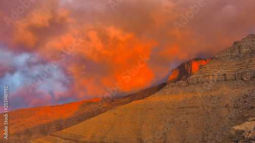 Beautifulli illuminated mountain landscape. Ru'us al Jibal. Al Hajar Moutains. Musandam. Oman