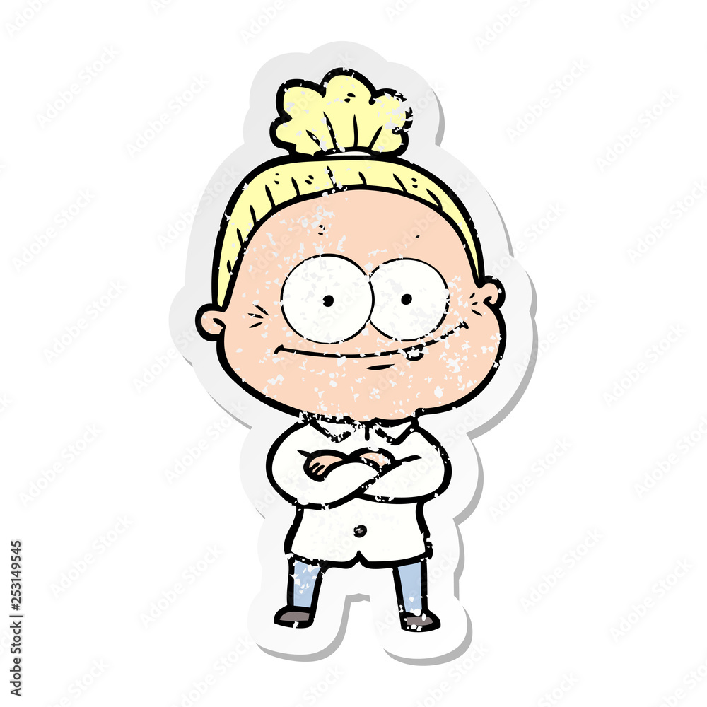 distressed sticker of a cartoon happy old woman distressed sticker of a cartoon happy old woman