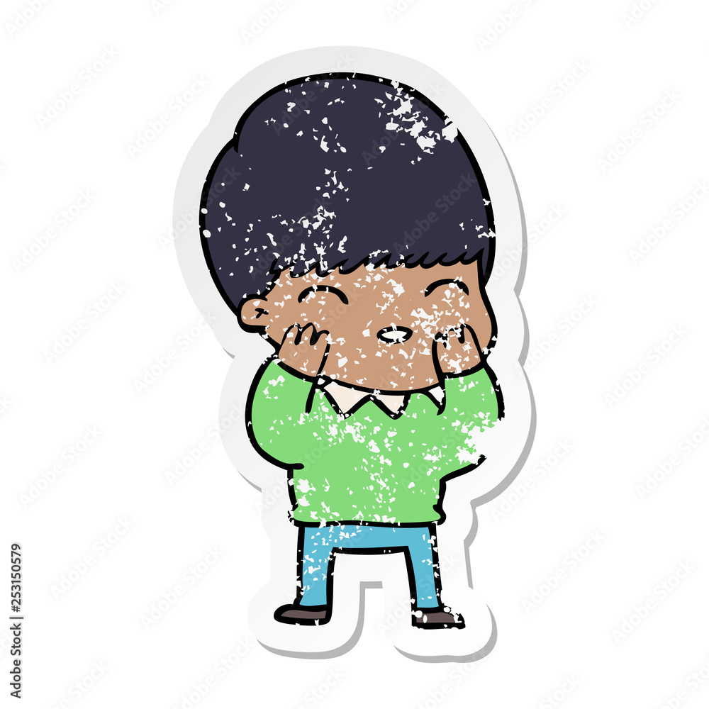 distressed sticker of a happy cartoon boy distressed sticker of a happy cartoon boy