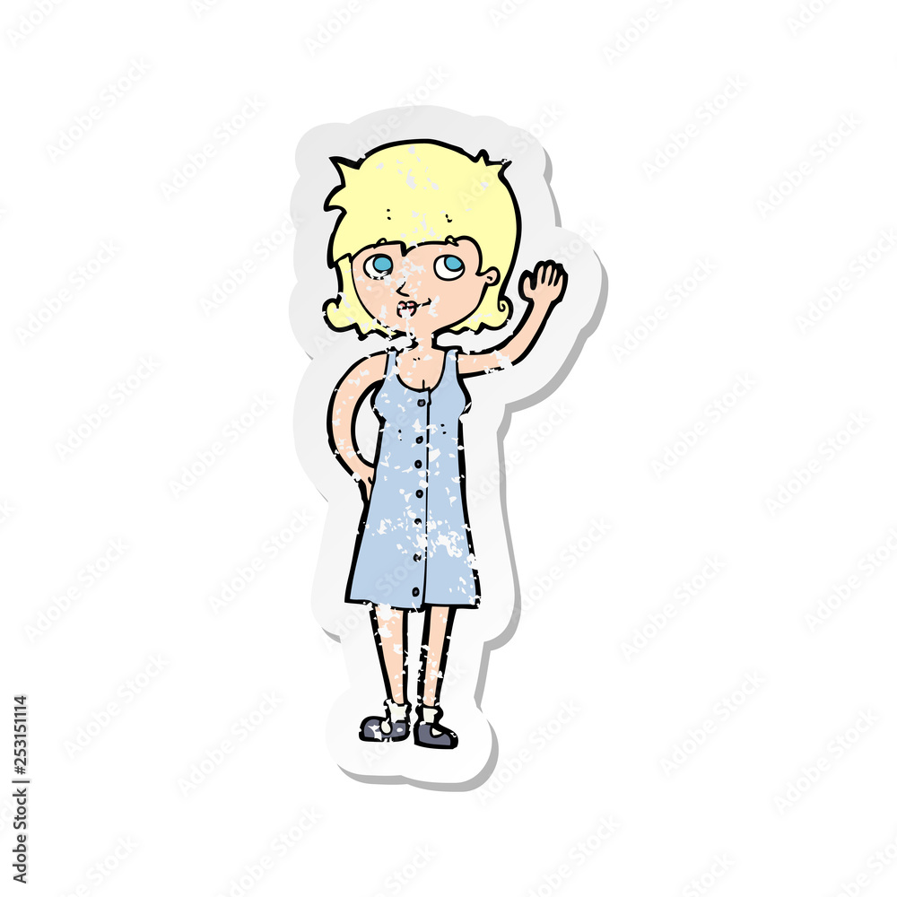 retro distressed sticker of a cartoon pretty woman waving retro distressed sticker of a cartoon pretty woman waving
