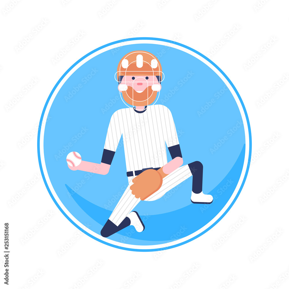 Vector Illustration. Baseball cartoon character in flat style. Baseball player with glove and ball in helmet in blue circle