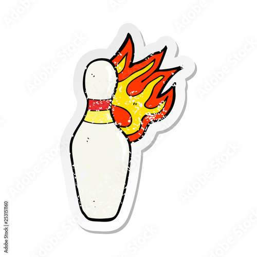 retro distressed sticker of a cartoon ten pin bowling skittle on fire