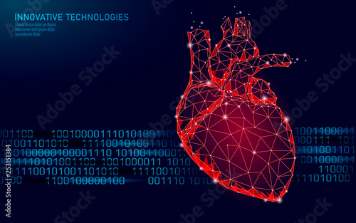 Healthy human heart beats 3d medicine model low poly. Triangle connected dots glow point red background. Pulse internal body modern anatomical shape innovative technology render vector illustration