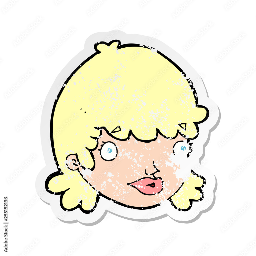 retro distressed sticker of a cartoon female face with surprised expression retro distressed sticker of a cartoon female face with surprised expression