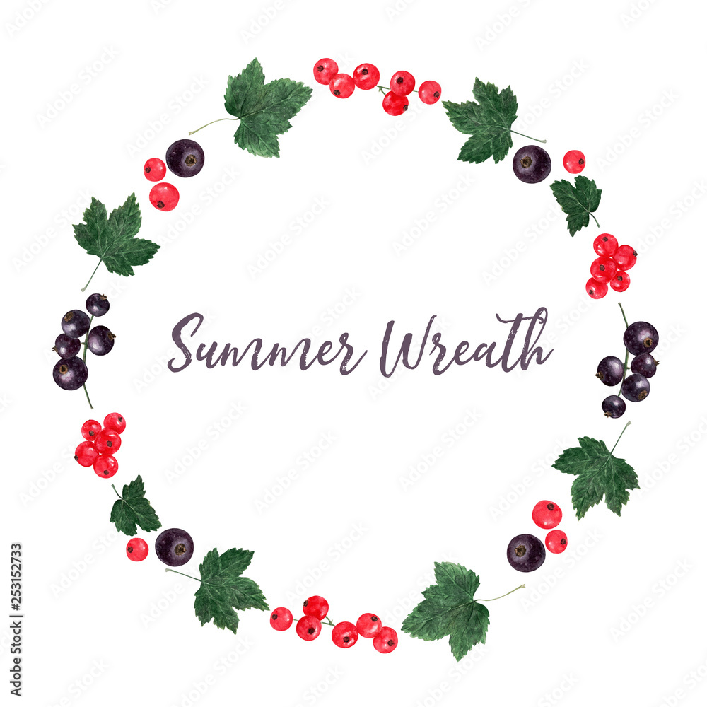 Round frame made of red and black currant berries and leaves, isolated on white, hand drawn botanical illustration. 