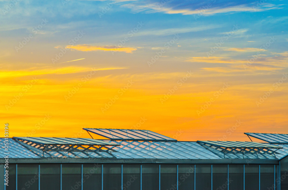 Large Industrial Greenhouse at Sunset Large Industrial Greenhouse at Sunset