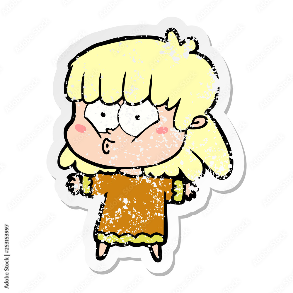 distressed sticker of a cartoon whistling girl distressed sticker of a cartoon whistling girl