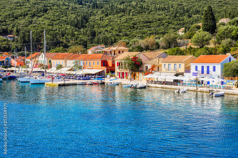 Scenic view of Fiskardo village and the port during Summer