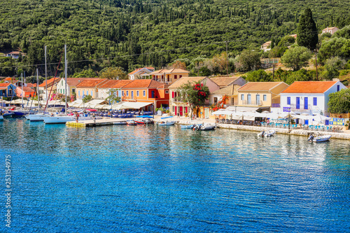 Scenic view of Fiskardo village and the port during Summer