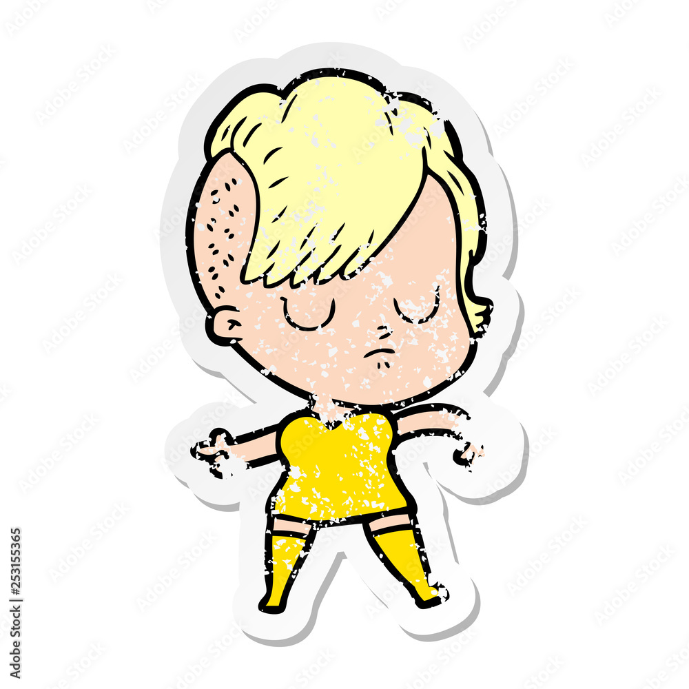 distressed sticker of a cartoon woman distressed sticker of a cartoon woman