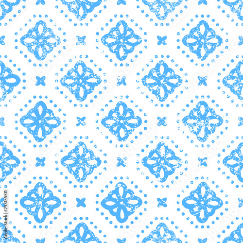 Blue and white vintage tile seamless pattern. Summer print for textiles painted with paint. Vector illustration.