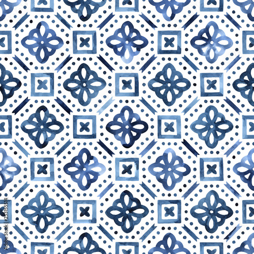 Blue and white watercolor pattern. Ornament in moroccan style hand-drawn. Vector illustration.