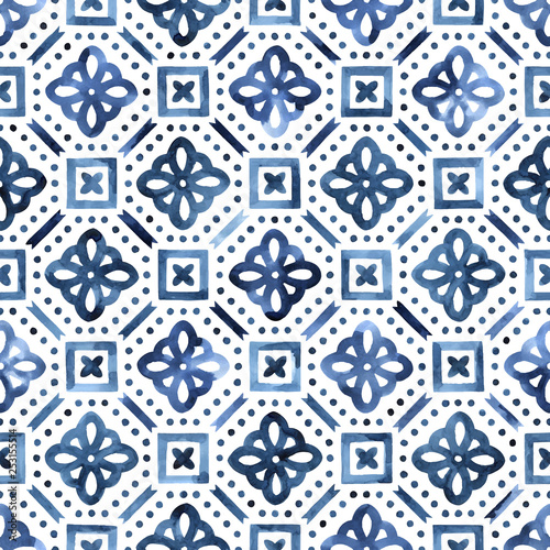 Blue and white watercolor pattern. Ornament in moroccan style hand-drawn. Vector illustration.