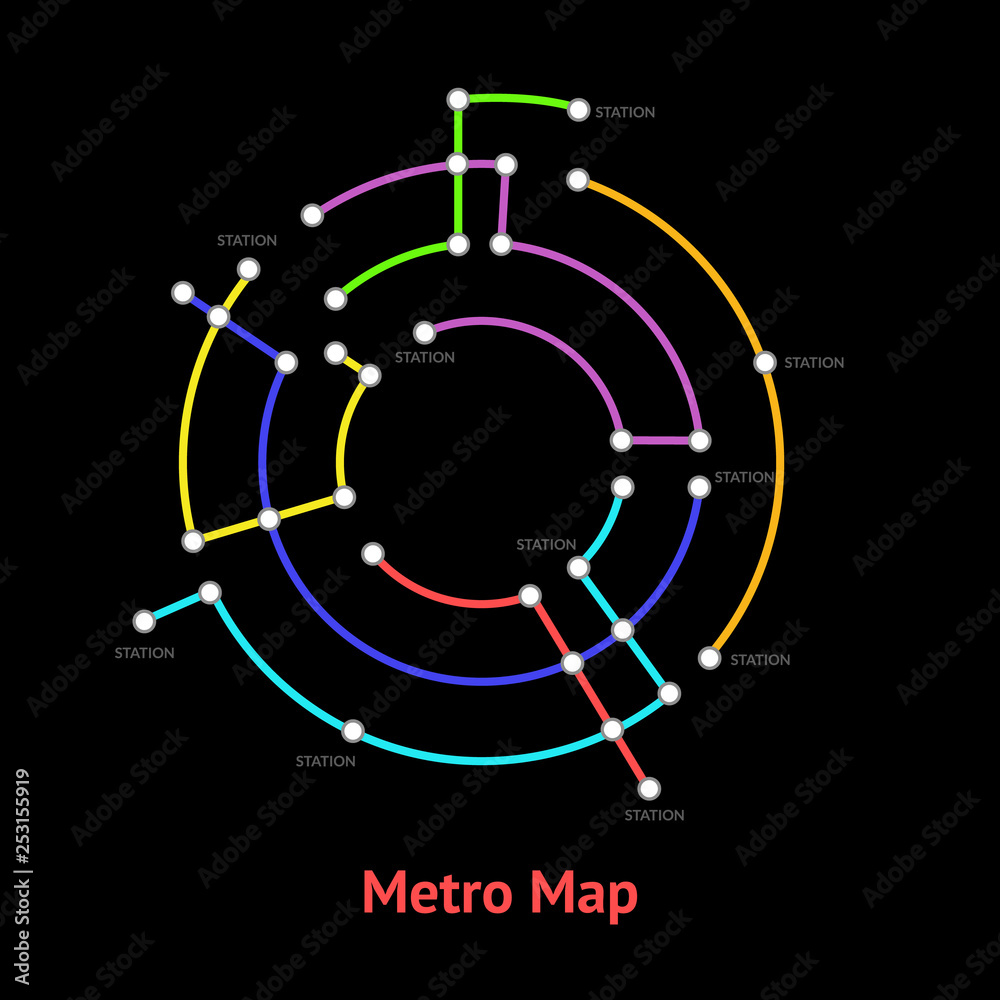 Metro Map Sign Color Round Thin Line Card. Vector