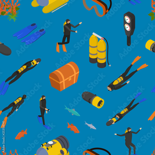 Scuba Diving Signs 3d Seamless Pattern Background Isometric View. Vector